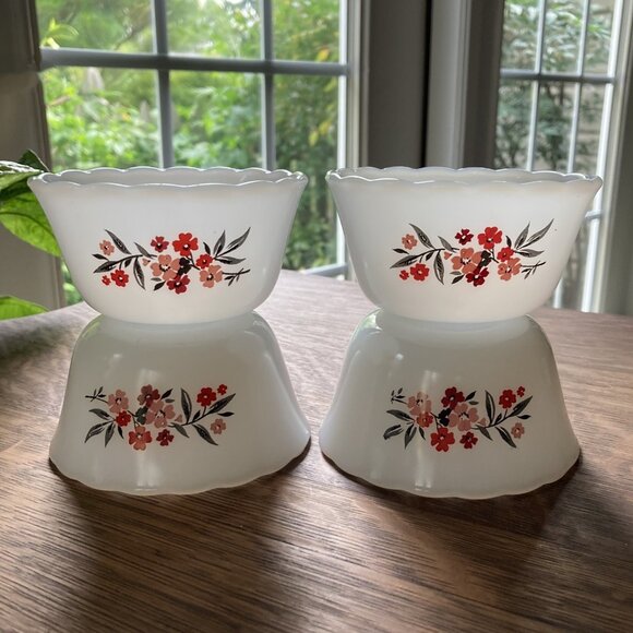 4 FIRE KING Primrose Custard Cups Ramekins, 1960s, Floral #424, Limited edition - Picture 2 of 12